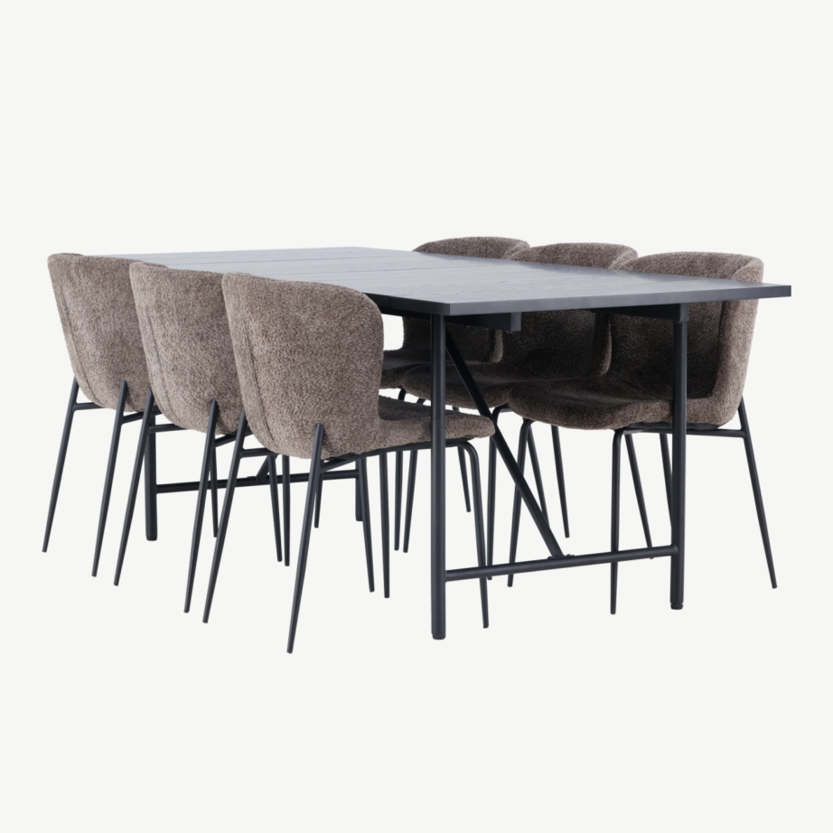 Söögikomplekt Astrid musta MDF lauaga ja hallid buklee toolid Modesto, GR23526 – 4