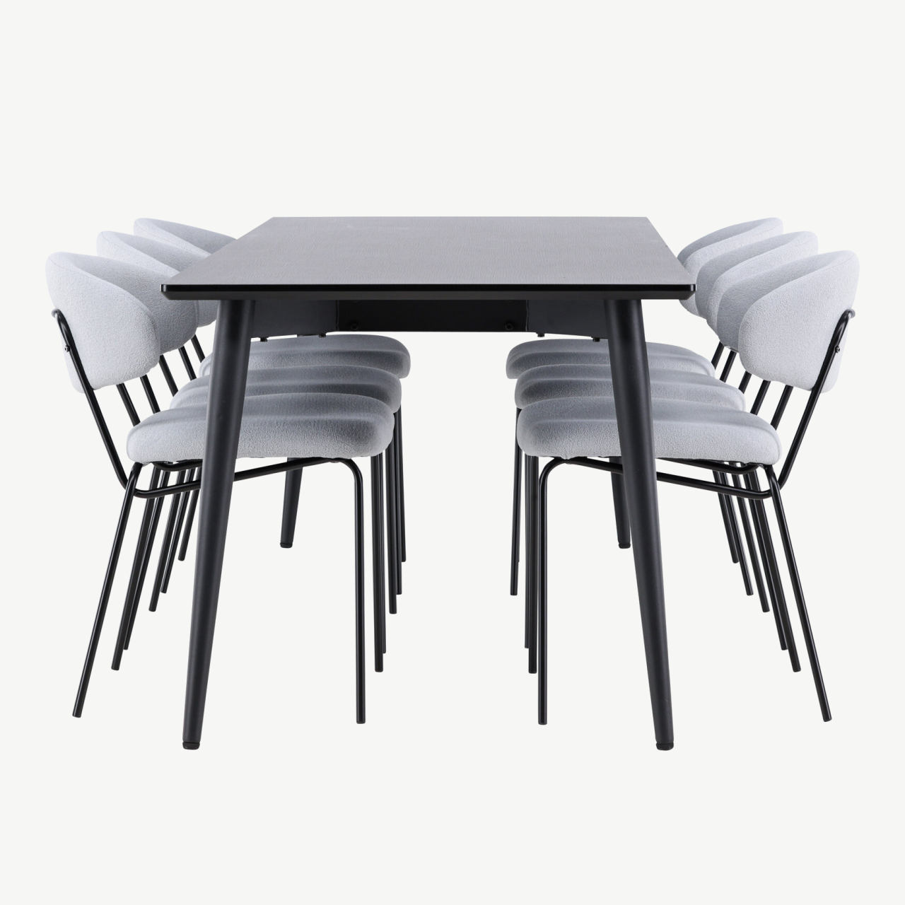 Söögikomplekt Ellis – must MDF söögilaud ja 6 sinist bukleekangaga tooli - GR24609