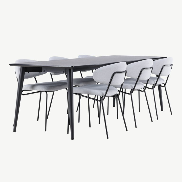 Söögikomplekt Ellis – must MDF söögilaud ja 6 sinist bukleekangaga tooli - GR24609