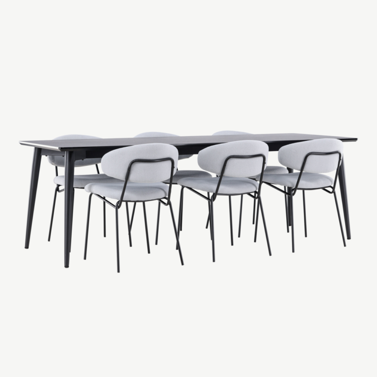 Söögikomplekt Ellis – must MDF söögilaud ja 6 sinist bukleekangaga tooli - GR24609