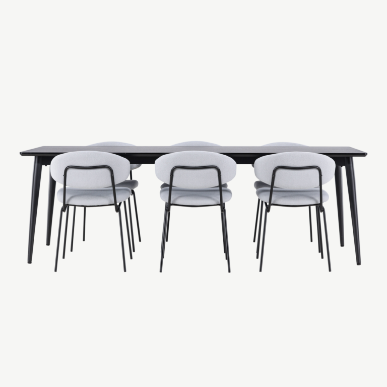 Söögikomplekt Ellis – must MDF söögilaud ja 6 sinist bukleekangaga tooli - GR24609