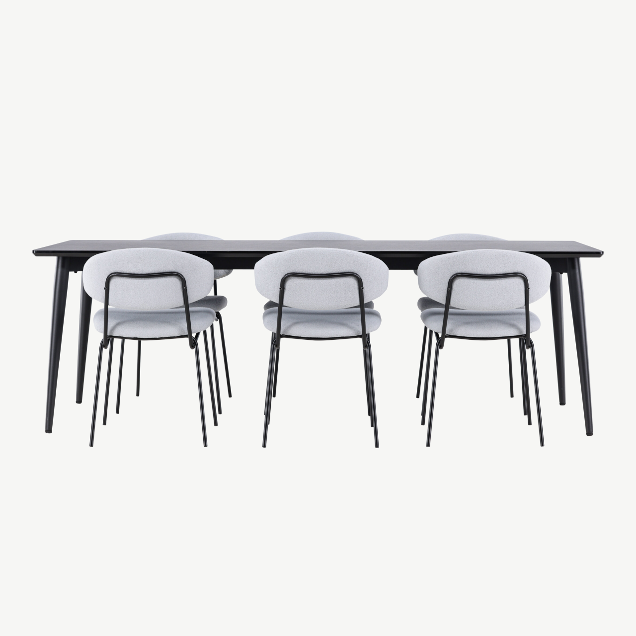 Söögikomplekt Ellis – must MDF söögilaud ja 6 sinist bukleekangaga tooli - GR24609