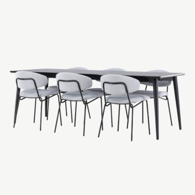 Söögikomplekt Ellis – must MDF söögilaud ja 6 sinist bukleekangaga tooli - GR24609