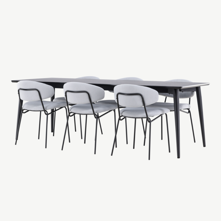 Söögikomplekt Ellis – must MDF söögilaud ja 6 sinist bukleekangaga tooli - GR24609