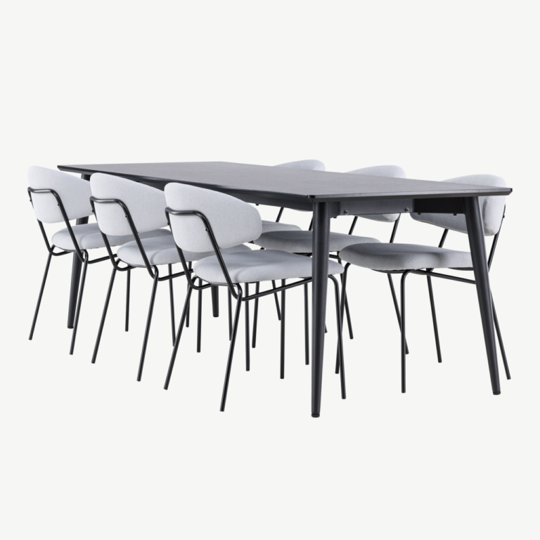 Söögikomplekt Ellis – must MDF söögilaud ja 6 sinist bukleekangaga tooli - GR24609