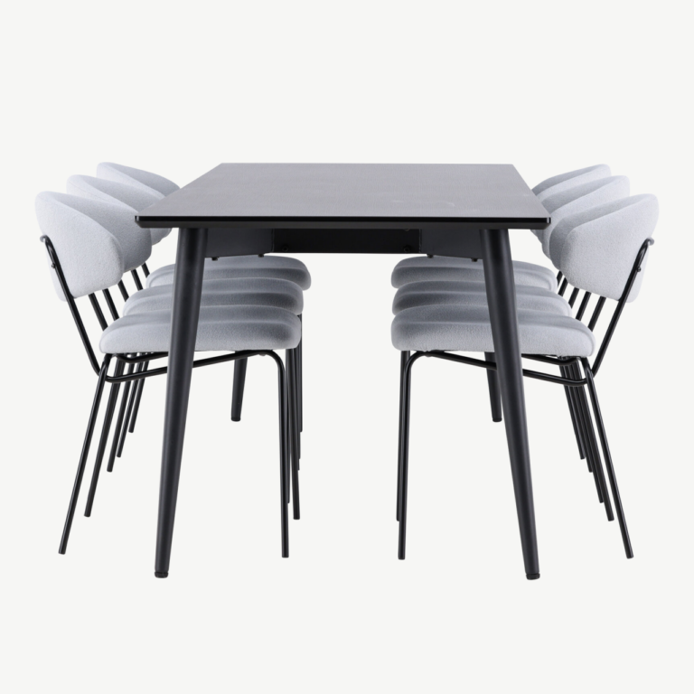 Söögikomplekt Ellis – must MDF söögilaud ja 6 sinist bukleekangaga tooli - GR24609