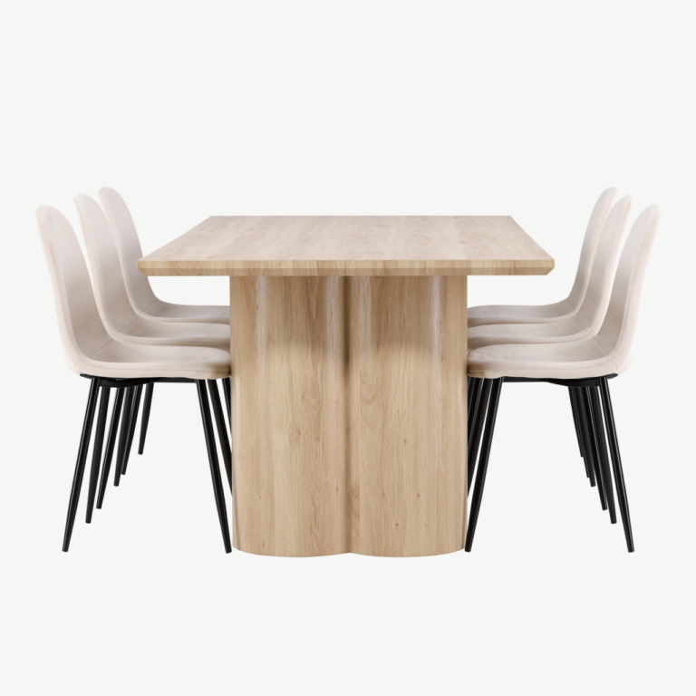 Söögikomplekt Olivia: MDF söögilaud (210x100 cm) ja 6 velvetkattega Polar tooli, looduslik ja beež - GR24549