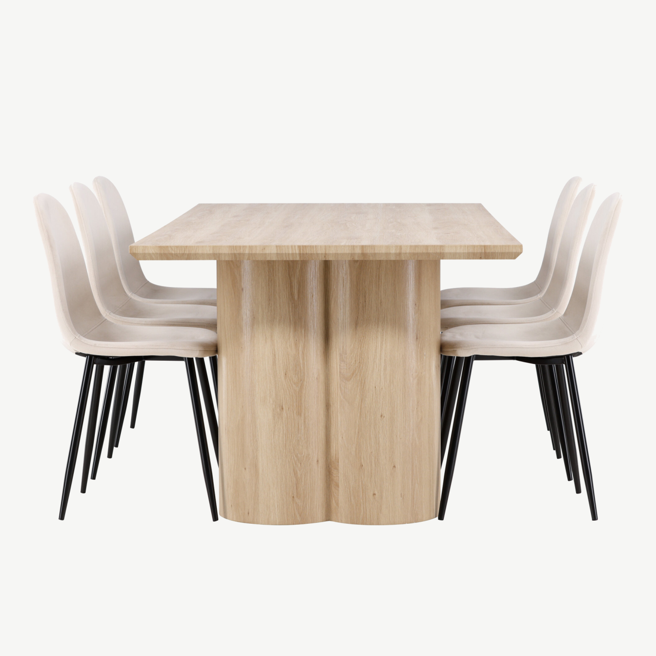 Söögikomplekt Olivia: MDF söögilaud (210x100 cm) ja 6 velvetkattega Polar tooli, looduslik ja beež - GR24549