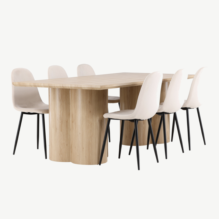Söögikomplekt Olivia: MDF söögilaud (210x100 cm) ja 6 velvetkattega Polar tooli, looduslik ja beež - GR24549