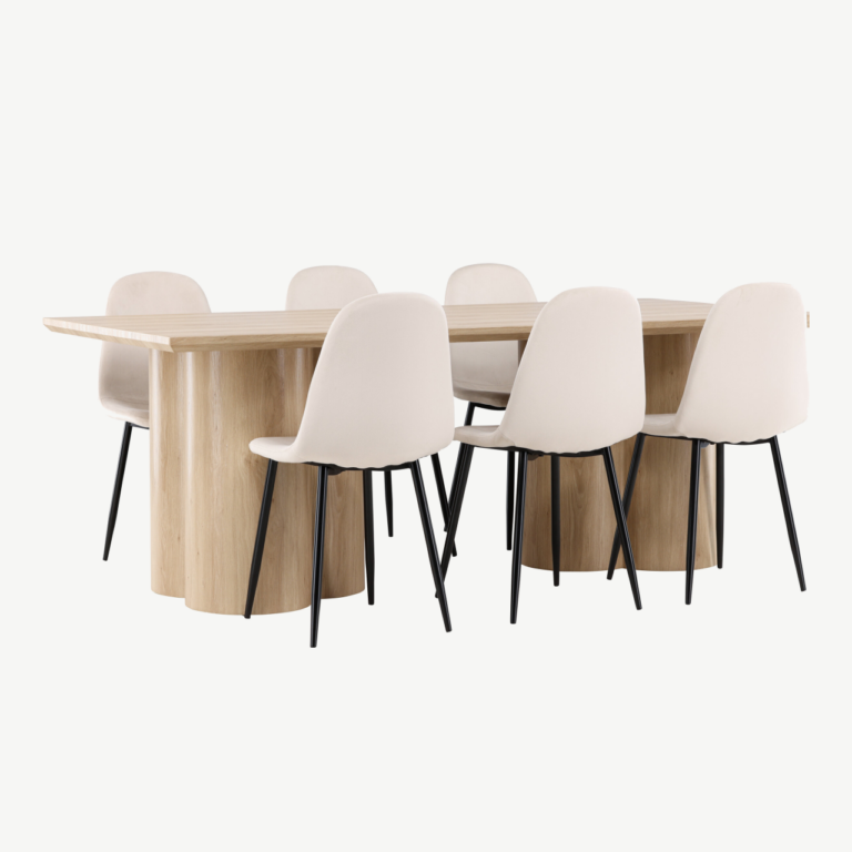 Söögikomplekt Olivia: MDF söögilaud (210x100 cm) ja 6 velvetkattega Polar tooli, looduslik ja beež - GR24549