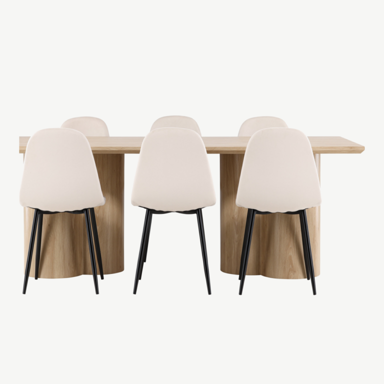 Söögikomplekt Olivia: MDF söögilaud (210x100 cm) ja 6 velvetkattega Polar tooli, looduslik ja beež - GR24549