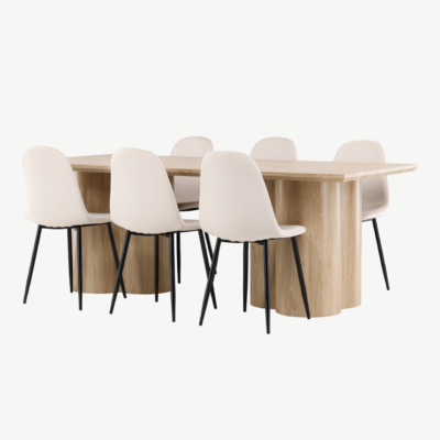 Söögikomplekt Olivia: MDF söögilaud (210x100 cm) ja 6 velvetkattega Polar tooli, looduslik ja beež - GR24549