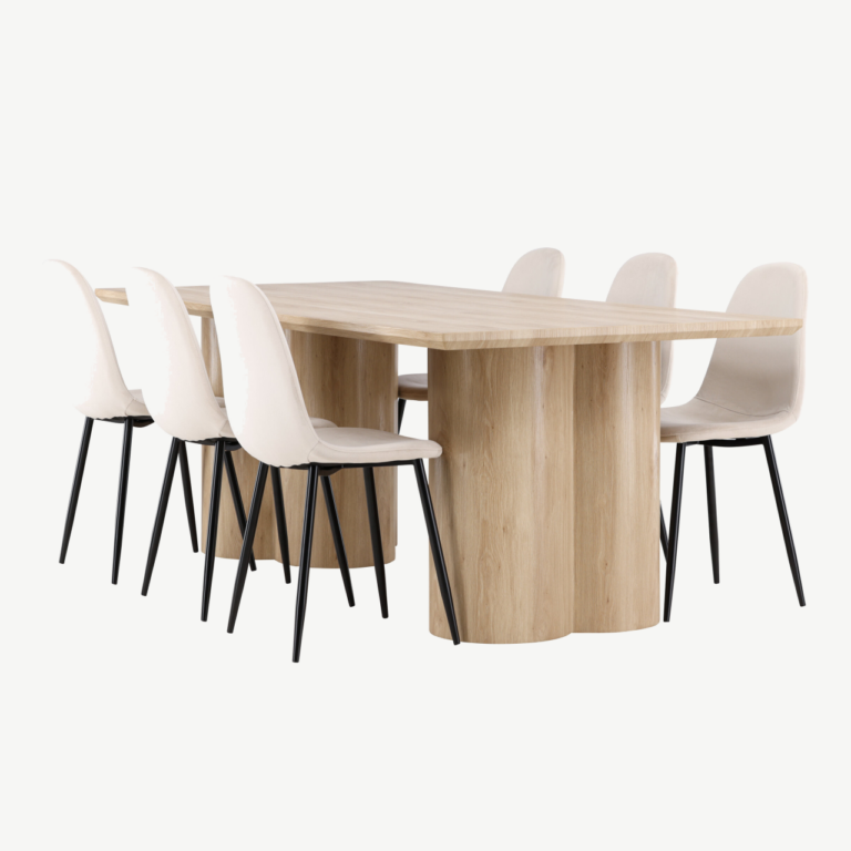 Söögikomplekt Olivia: MDF söögilaud (210x100 cm) ja 6 velvetkattega Polar tooli, looduslik ja beež - GR24549