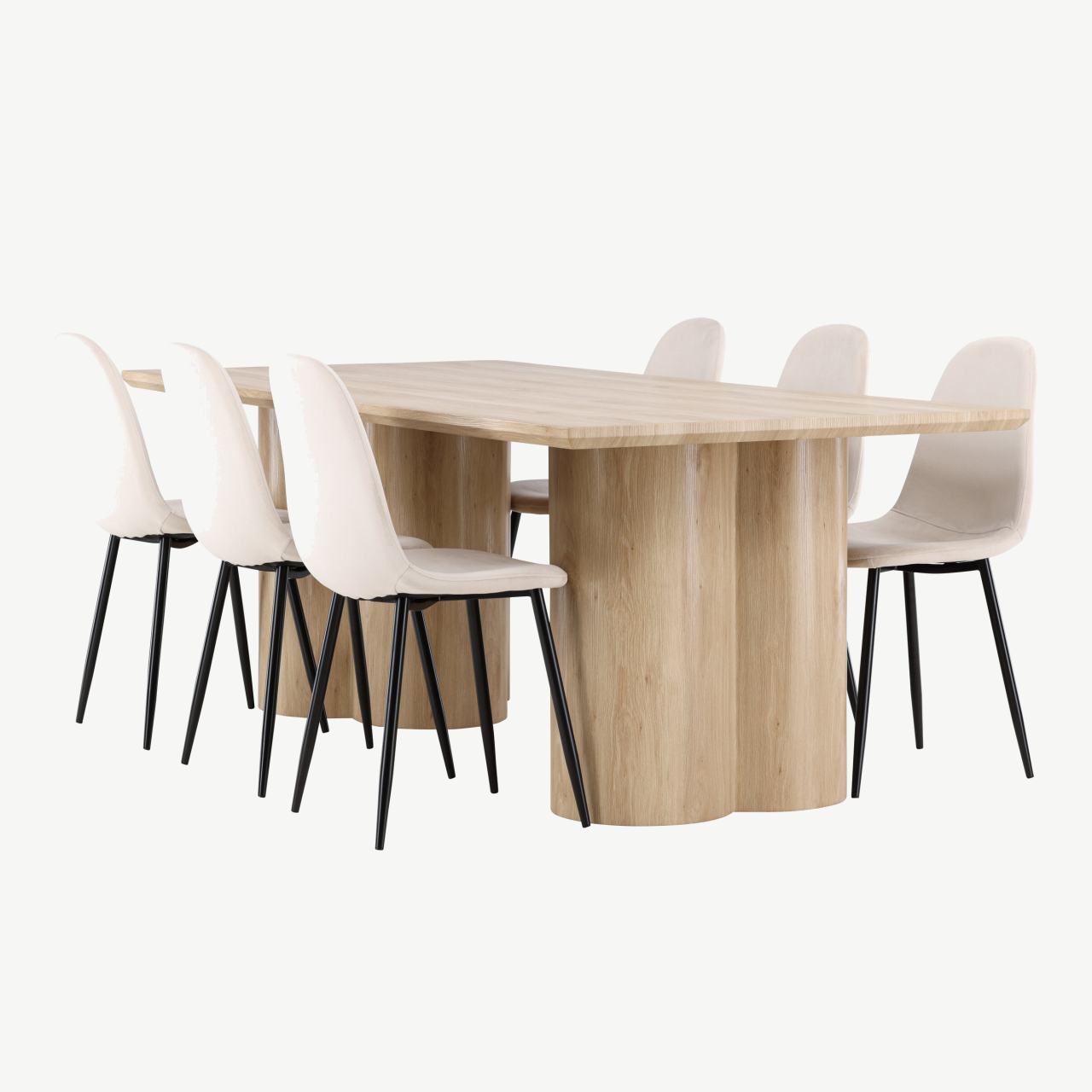 Söögikomplekt Olivia: MDF söögilaud (210x100 cm) ja 6 velvetkattega Polar tooli, looduslik ja beež - GR24549