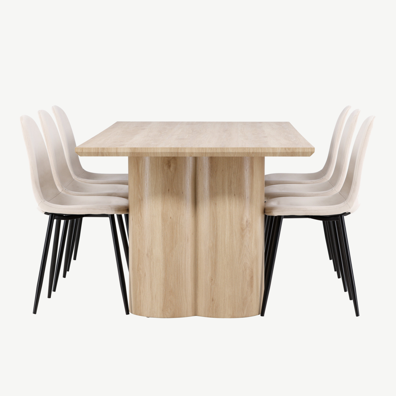 Söögikomplekt Olivia: MDF söögilaud (210x100 cm) ja 6 velvetkattega Polar tooli, looduslik ja beež - GR24549