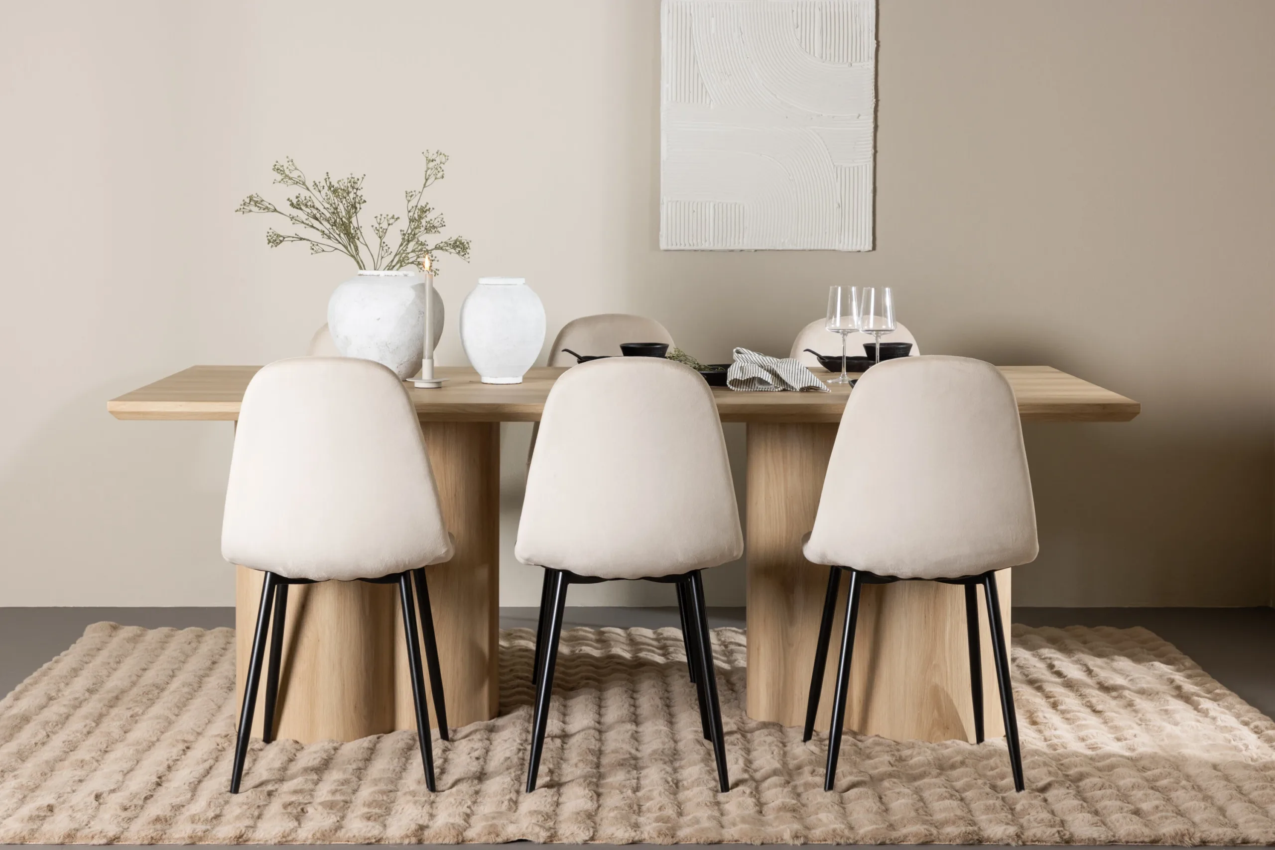 Söögikomplekt Olivia: MDF söögilaud (210x100 cm) ja 6 velvetkattega Polar tooli, looduslik ja beež - GR24549