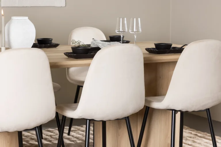 Söögikomplekt Olivia: MDF söögilaud (210x100 cm) ja 6 velvetkattega Polar tooli, looduslik ja beež - GR24549