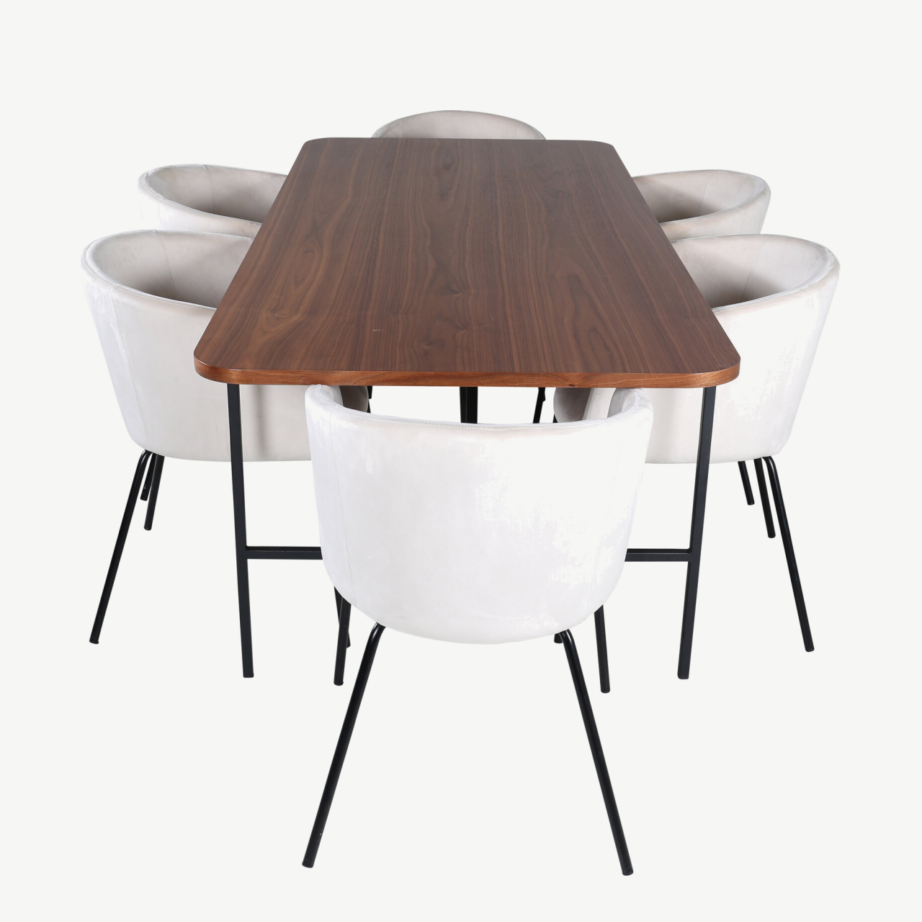 Söögikomplekt Uno – pähklispooniga söögilaud ja 6 beeži velvetkattega tooli, GR22392 – 2