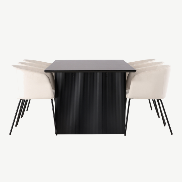 Söögikomplekt Vail laud (must MDF, 200x100 cm) ja 6 velvetist söögitooli Berit (beež, mustad jalad) - GR22908