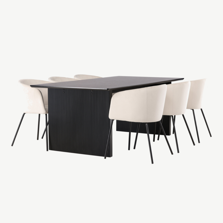 Söögikomplekt Vail laud (must MDF, 200x100 cm) ja 6 velvetist söögitooli Berit (beež, mustad jalad) - GR22908