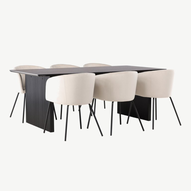 Söögikomplekt Vail laud (must MDF, 200x100 cm) ja 6 velvetist söögitooli Berit (beež, mustad jalad) - GR22908