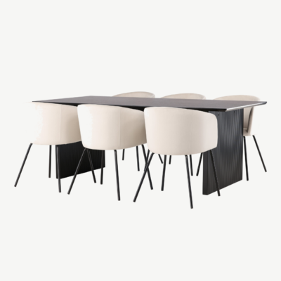 Söögikomplekt Vail laud (must MDF, 200x100 cm) ja 6 velvetist söögitooli Berit (beež, mustad jalad) - GR22908