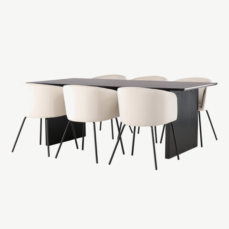 Söögikomplekt Vail laud (must MDF, 200×100 cm) ja 6 velvetist söögitooli Berit (beež, mustad jalad), GR22908