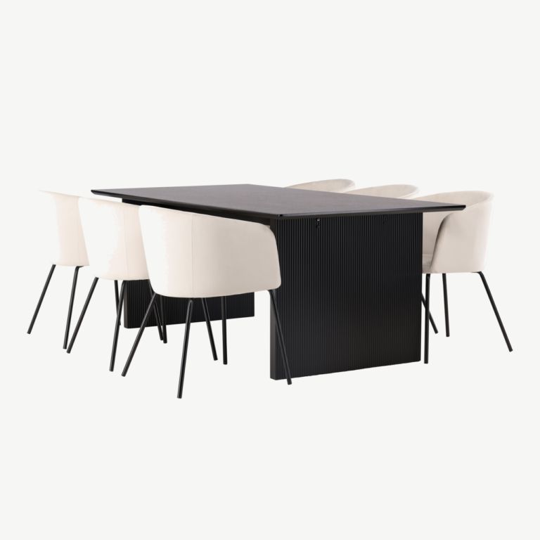 Söögikomplekt Vail laud (must MDF, 200x100 cm) ja 6 velvetist söögitooli Berit (beež, mustad jalad) - GR22908