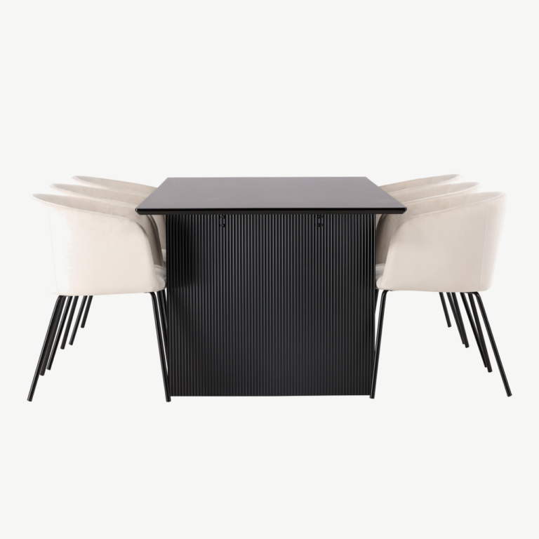 Söögikomplekt Vail laud (must MDF, 200x100 cm) ja 6 velvetist söögitooli Berit (beež, mustad jalad) - GR22908