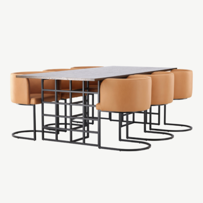 Söögikomplekt Ystad (220x100 cm laud, moka tamm, mustad metalljalad) ja pruunid polsterdatud Simrishamn toolid - GR23758