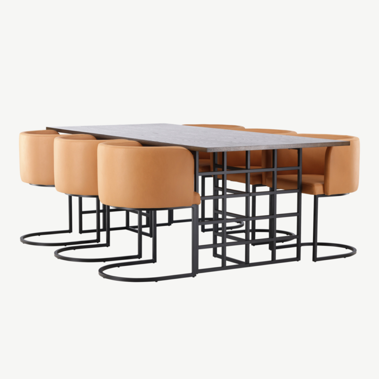 Söögikomplekt Ystad (220x100 cm laud, moka tamm, mustad metalljalad) ja pruunid polsterdatud Simrishamn toolid - GR23758