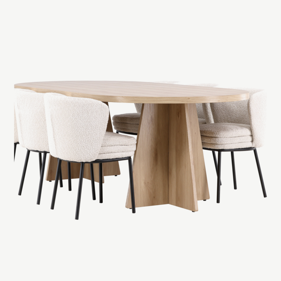 Söögilauakomplekt Bootcut laud ja Agnes toolid (looduslik MDF, buklee, 6 tooli), GR24555 – 6