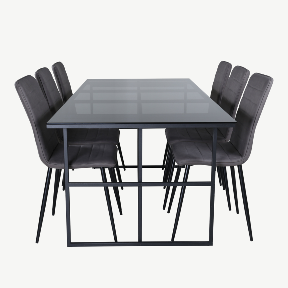 Söögilauakomplekt Leif – suitsumust klaas, must metall, 6 halli mikrofibertooliga, GR22141 – 2