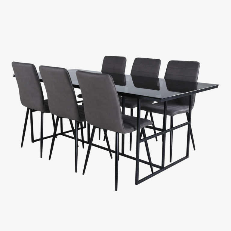 Söögilauakomplekt Leif – suitsumust klaas, must metall, 6 halli mikrofibertooliga - GR22141