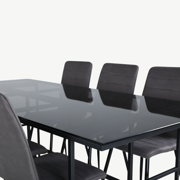 Söögilauakomplekt Leif – suitsumust klaas, must metall, 6 halli mikrofibertooliga - GR22141