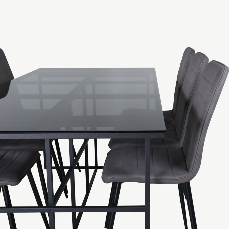 Söögilauakomplekt Leif – suitsumust klaas, must metall, 6 halli mikrofibertooliga, GR22141 – 4