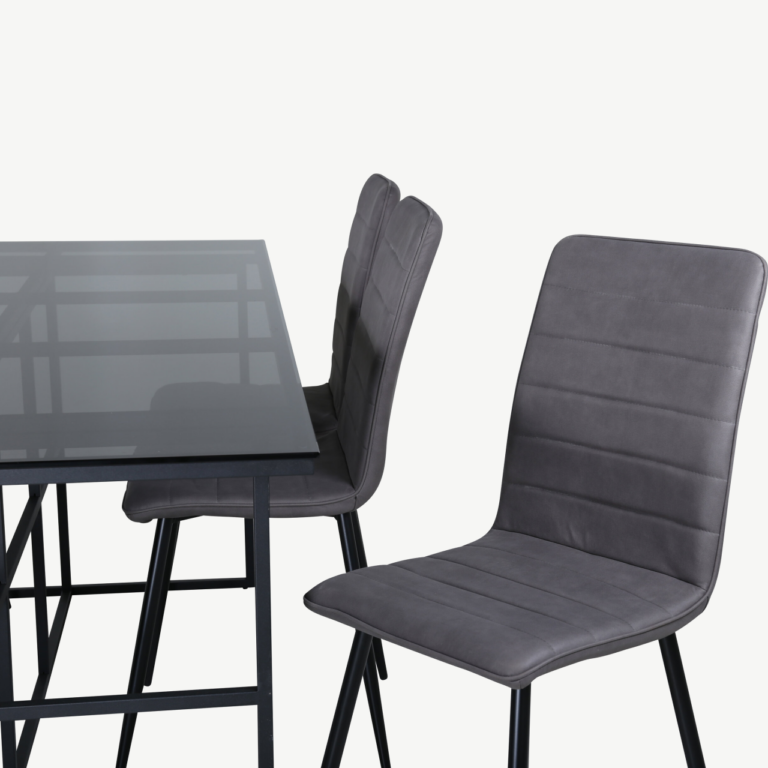 Söögilauakomplekt Leif – suitsumust klaas, must metall, 6 halli mikrofibertooliga - GR22141