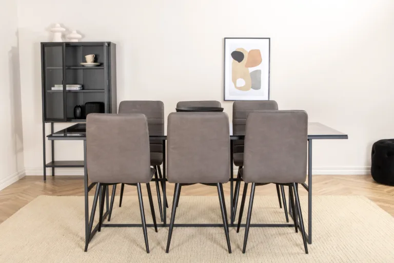 Söögilauakomplekt Leif – suitsumust klaas, must metall, 6 halli mikrofibertooliga - GR22141