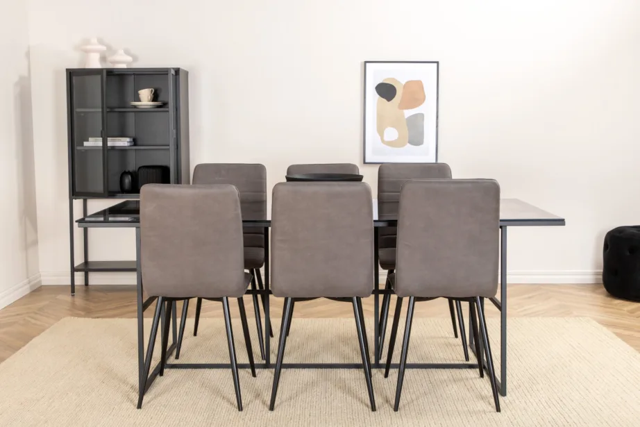 Söögilauakomplekt Leif – suitsumust klaas, must metall, 6 halli mikrofibertooliga, GR22141 – 6