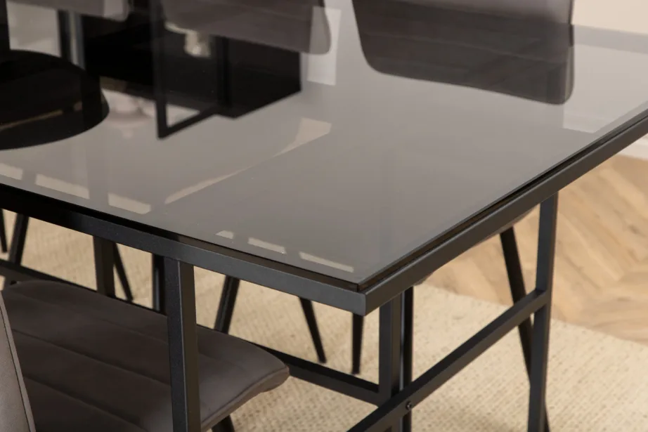 Söögilauakomplekt Leif – suitsumust klaas, must metall, 6 halli mikrofibertooliga, GR22141 – 8