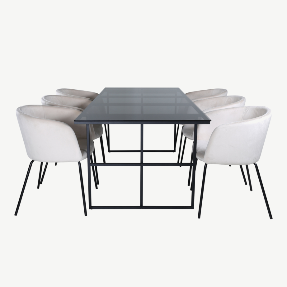 Söögilauakomplekt Leif (must klaas, beež velvetist toolid, 200×90 cm), GR22136 – 2