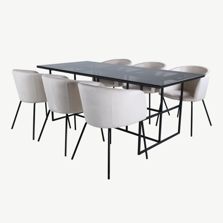 Söögilauakomplekt Leif (must klaas, beež velvetist toolid, 200x90 cm) - GR22136