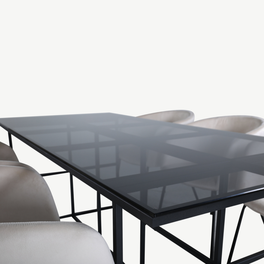 Söögilauakomplekt Leif (must klaas, beež velvetist toolid, 200×90 cm), GR22136 – 3