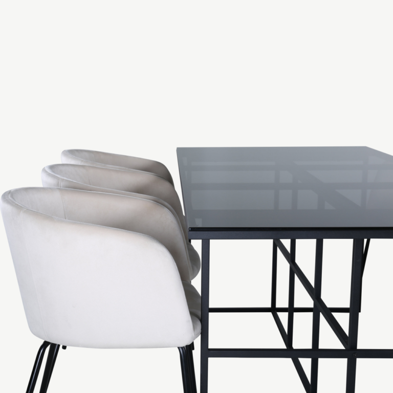 Söögilauakomplekt Leif (must klaas, beež velvetist toolid, 200x90 cm) - GR22136