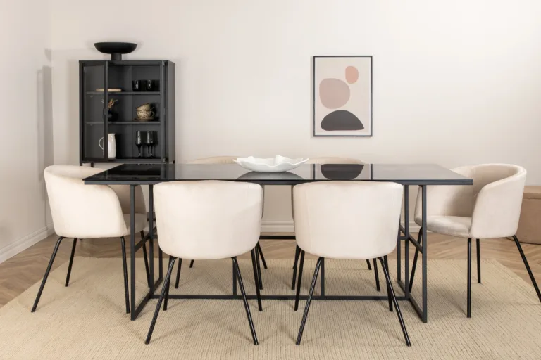Söögilauakomplekt Leif (must klaas, beež velvetist toolid, 200x90 cm) - GR22136