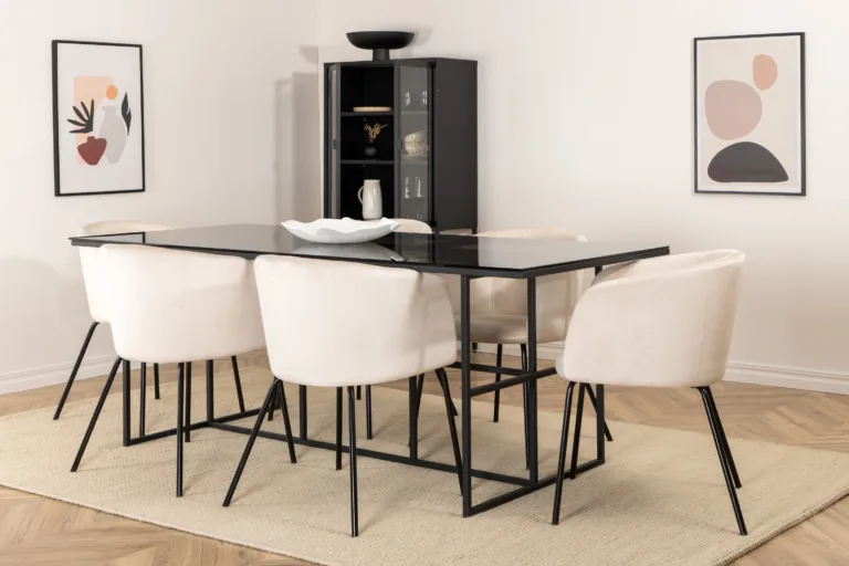 Söögilauakomplekt Leif (must klaas, beež velvetist toolid, 200x90 cm) - GR22136