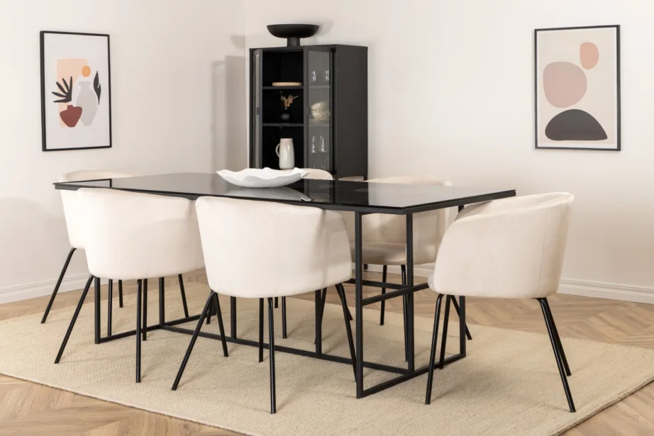 Söögilauakomplekt Leif (must klaas, beež velvetist toolid, 200×90 cm), GR22136 – 7