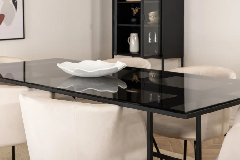 Söögilauakomplekt Leif (must klaas, beež velvetist toolid, 200x90 cm) - GR22136