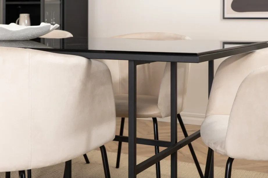 Söögilauakomplekt Leif (must klaas, beež velvetist toolid, 200×90 cm), GR22136 – 11
