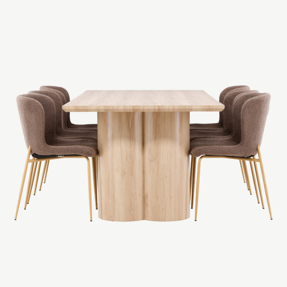 Söögilauakomplekt Olivia laud ja Modesto pruunid toolid (MDF, buklee kangas, 210×100 cm), GR24542 – 2